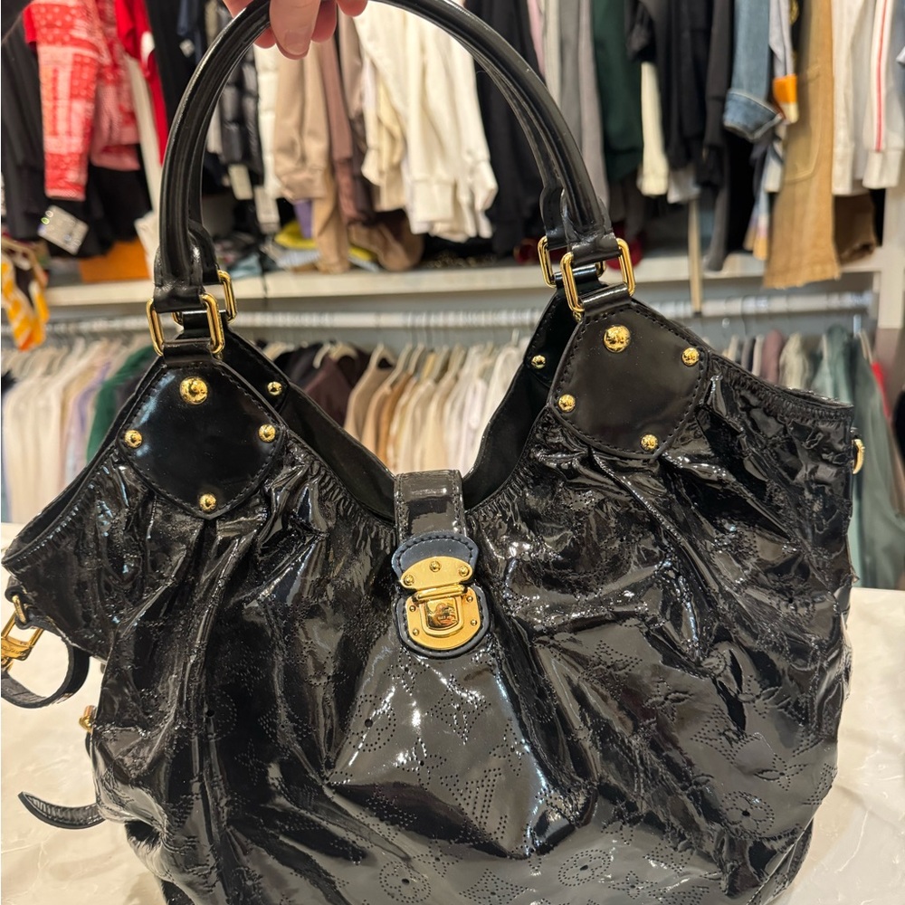 Louis Vuitton Glossy Black Shoulder Bag with Gold Hardware